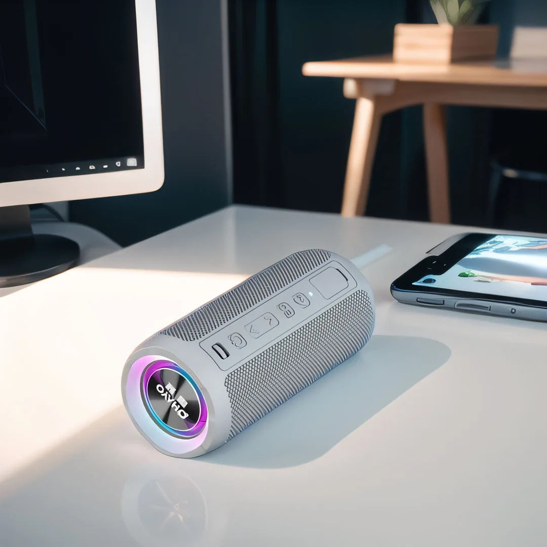 Coluna Bluetooth OHAYO - Bass Boost e RGB - À Prova de Água IPX7, BT 5.3, TWS Coluna Bluetooth OHAYO - Bass Boost e RGB - À Prova de Água IPX7, BT 5.3, TWS